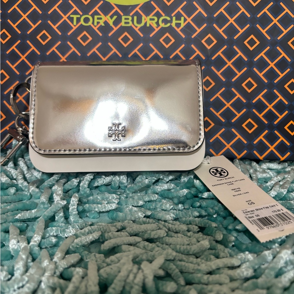 Authentic and Brand New Emerson Tory Burch Flap Card Case Metallic Silver